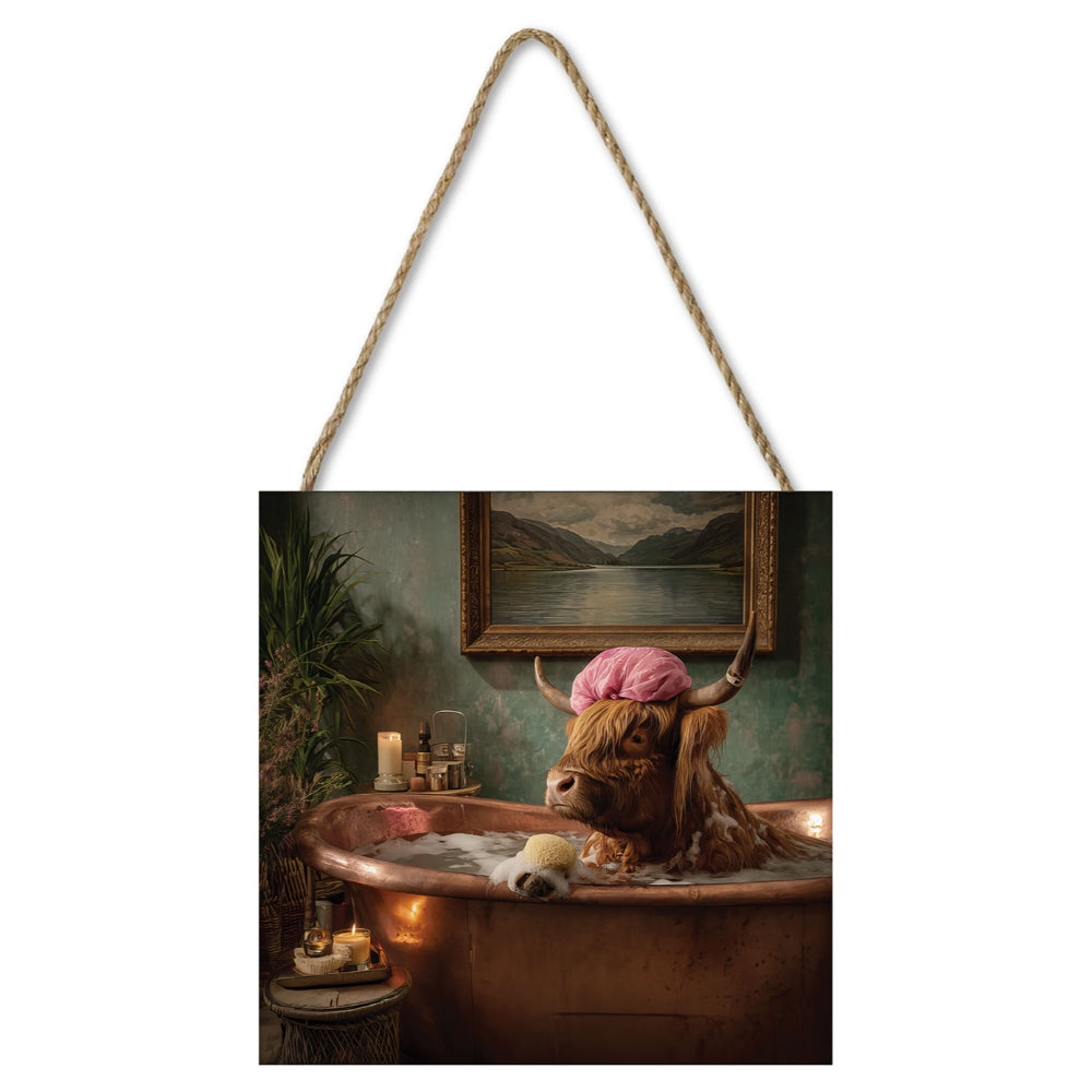 Highland Pampered Cow 20x20 Wooden Block