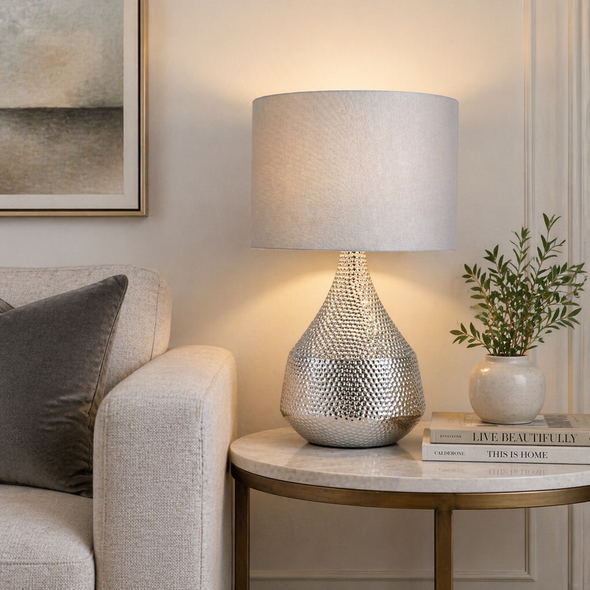 Julietta Silver Ceramic Touch Lamp with Taupe Shade