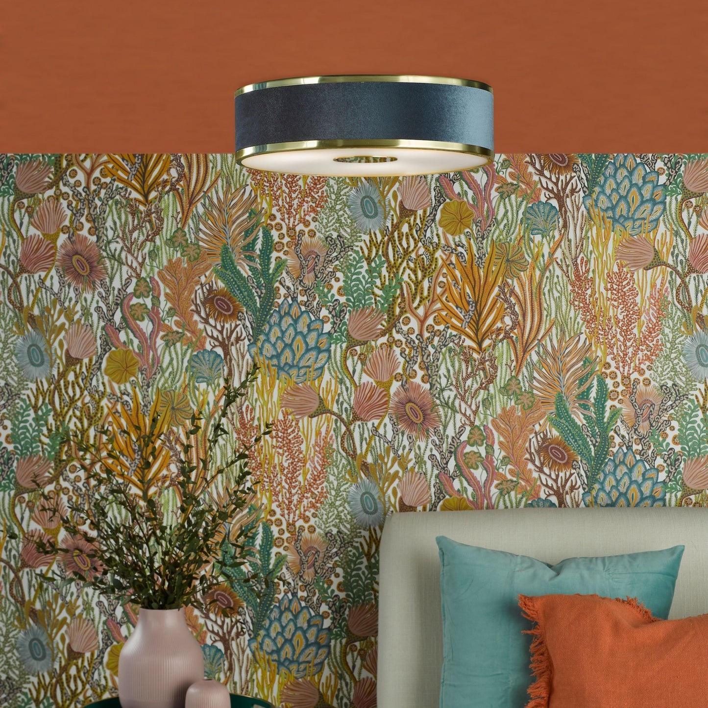 Alvaro 3 Light Brushed Brass & Blue Flush Ceiling Light