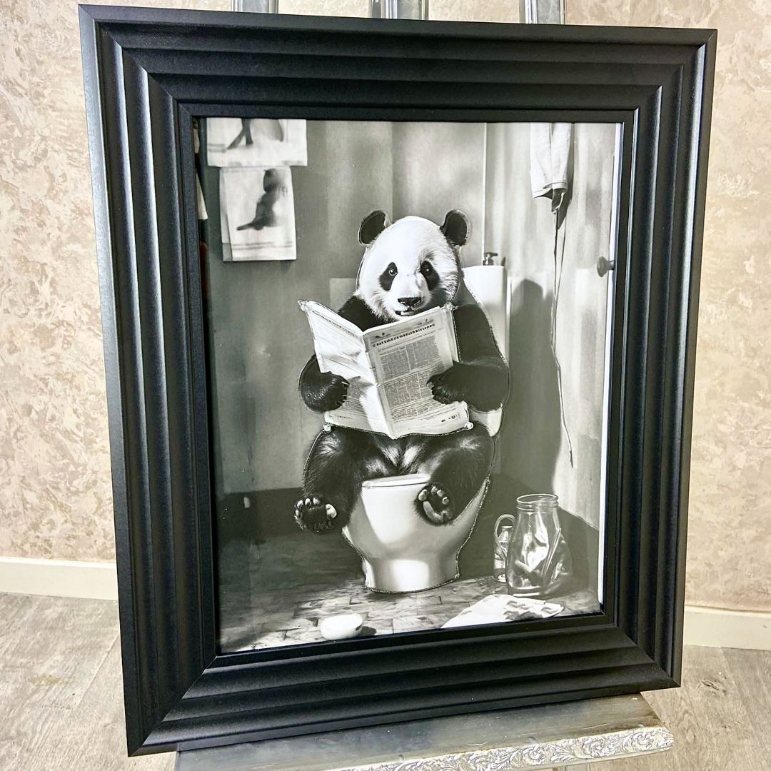 Panda on the Lavatory Liquid Artwork with Black Frame