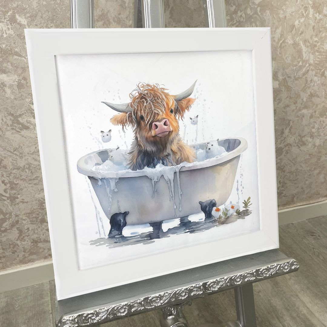 Baby Highland Cow in Bathtub Wall Art with White Frame
