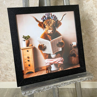 Lady Highland Cow on the Lavatory Artwork with Black Wooden Frame