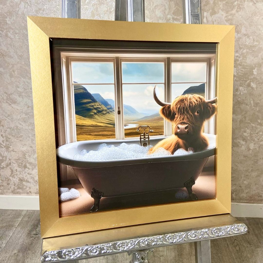 Highland Cow in the Bath Wall Art with Gold Frame