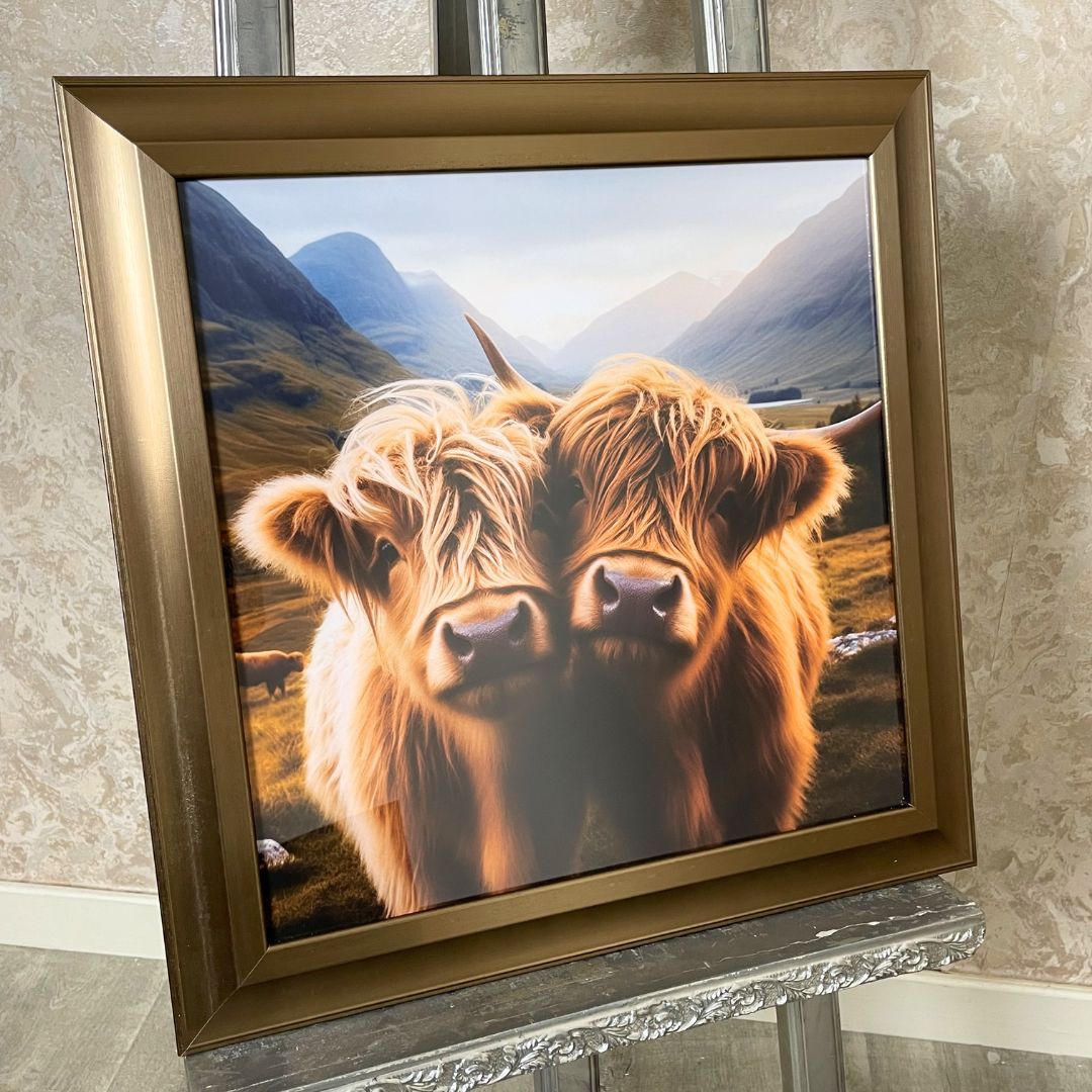 Twin Baby Highland Cows Artwork with Gold Frame