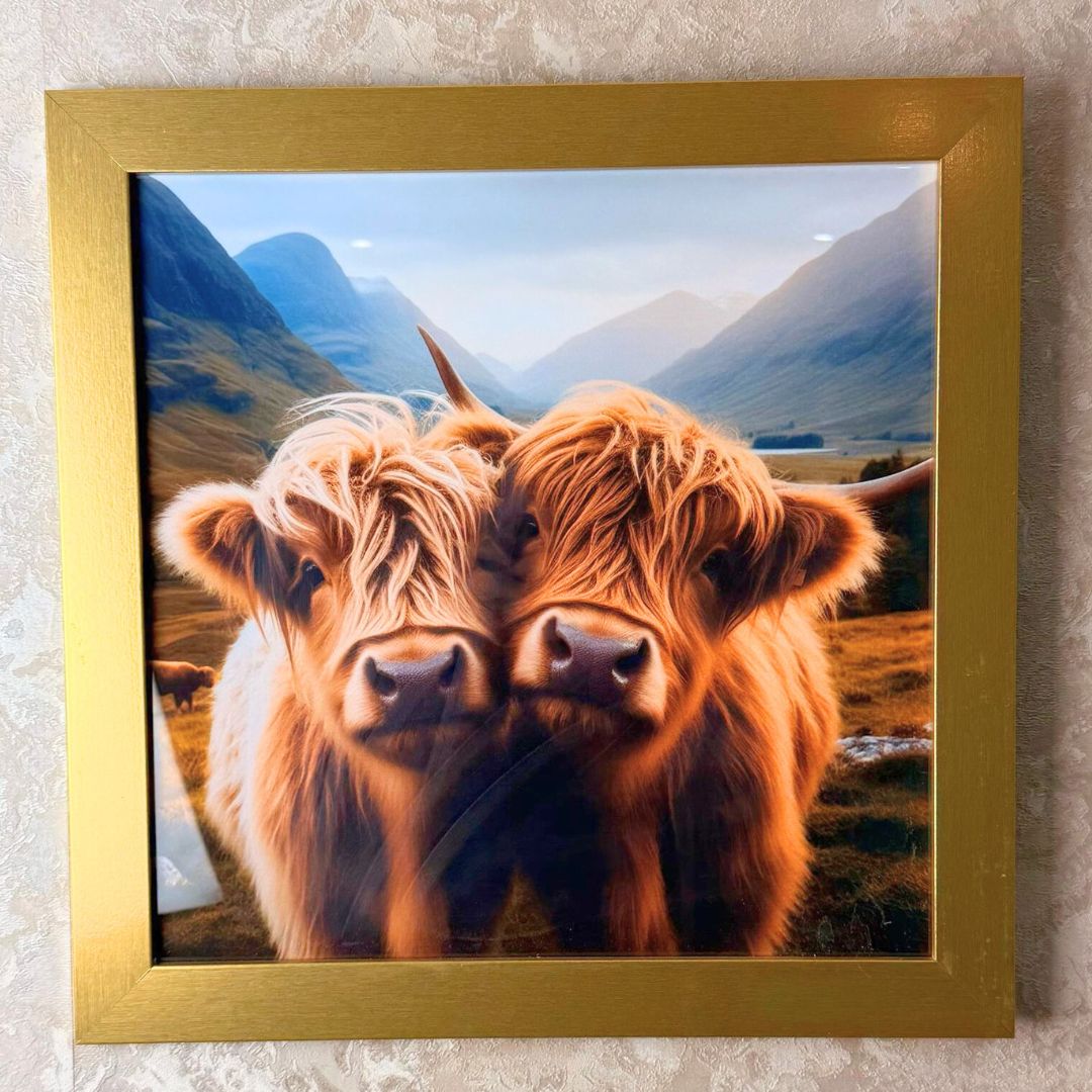 Twin Baby Highland Cows Artwork with Gold Frame