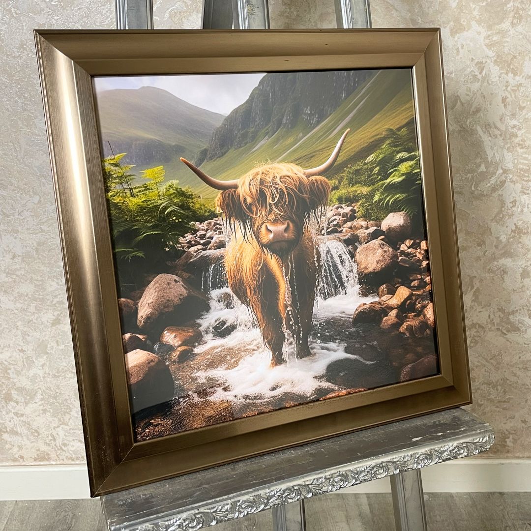 Baby Highland Cow Artwork with Gold Frame