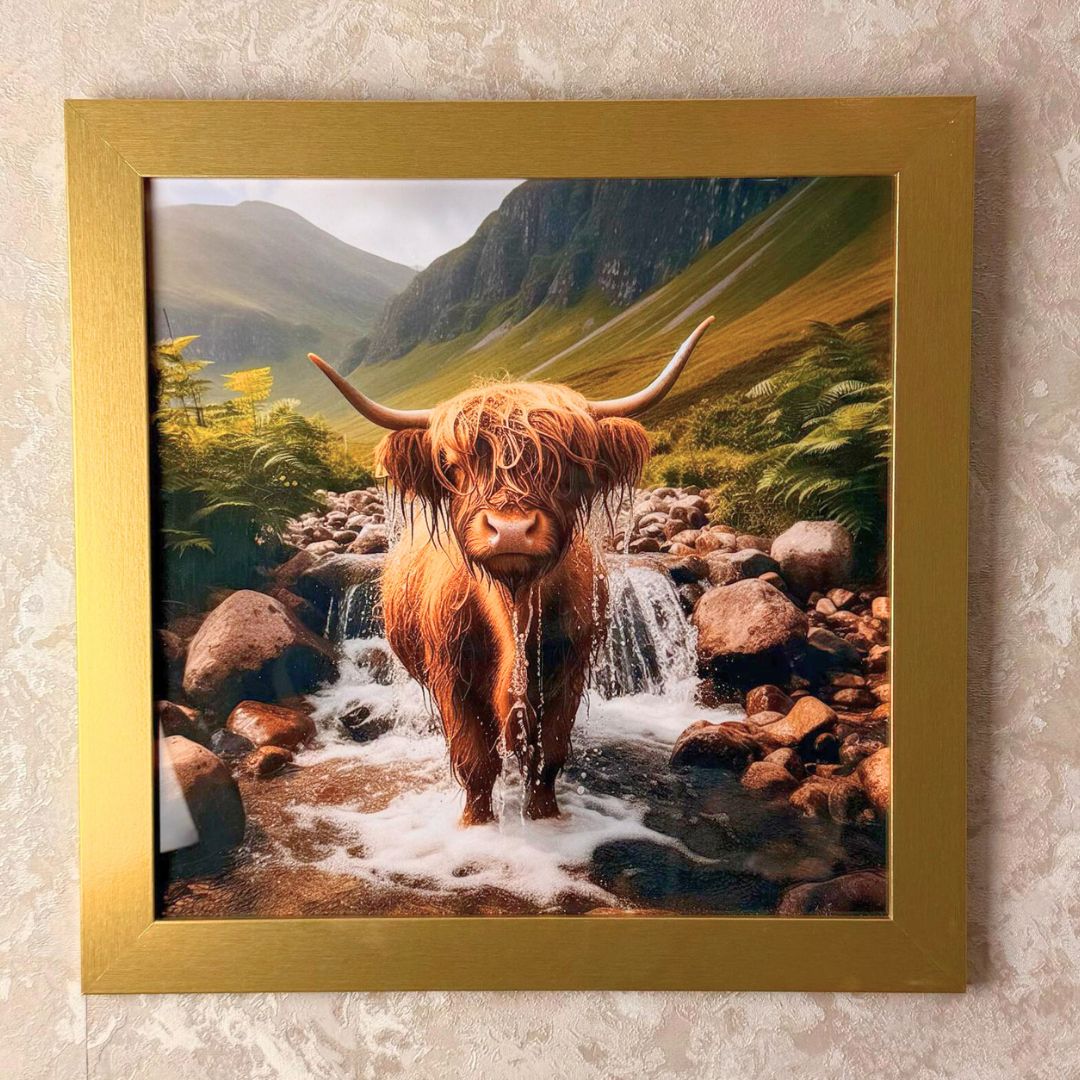Baby Highland Cow Artwork with Gold Frame