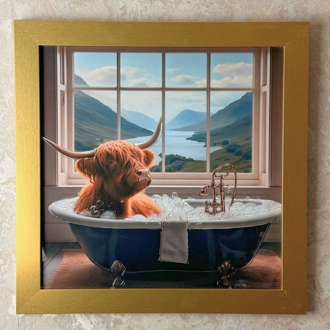Highland Cow in the Bath II with Gold Frame
