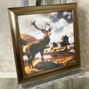 Stag at Eilean Donan Castle Wall Art with Gold Frame