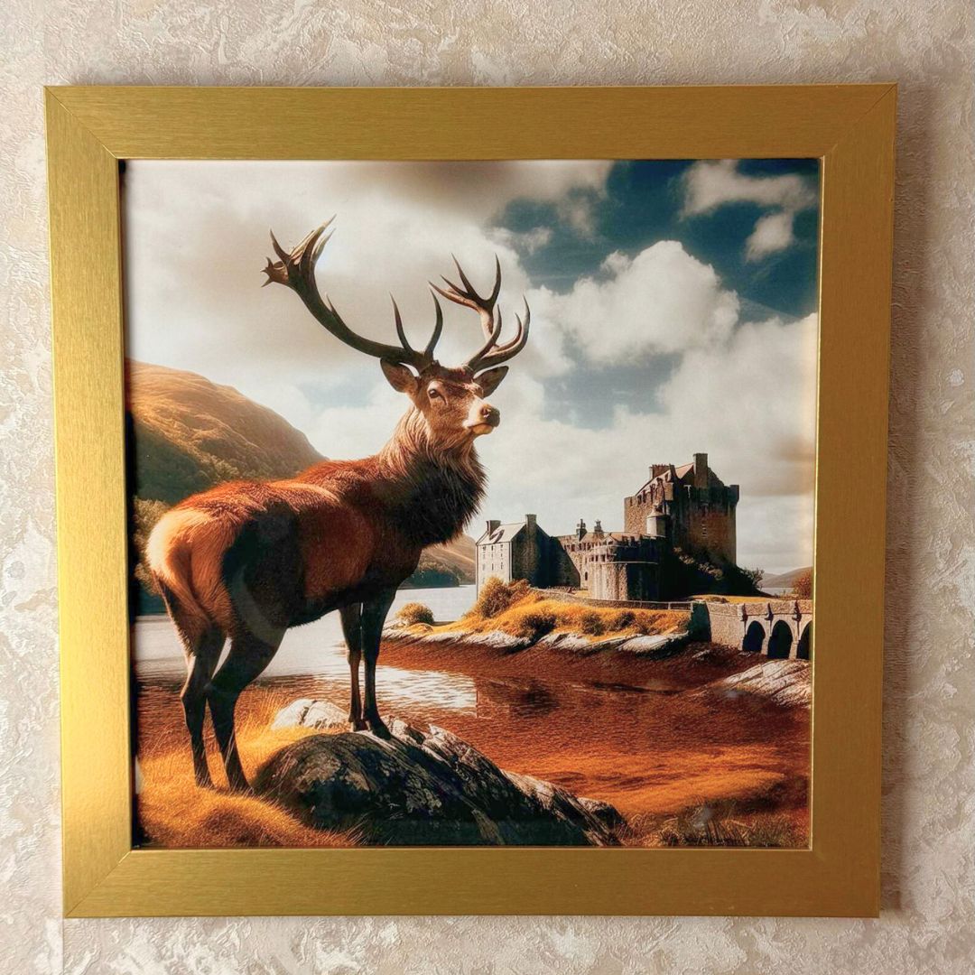 Stag at Eilean Donan Castle Wall Art with Gold Frame