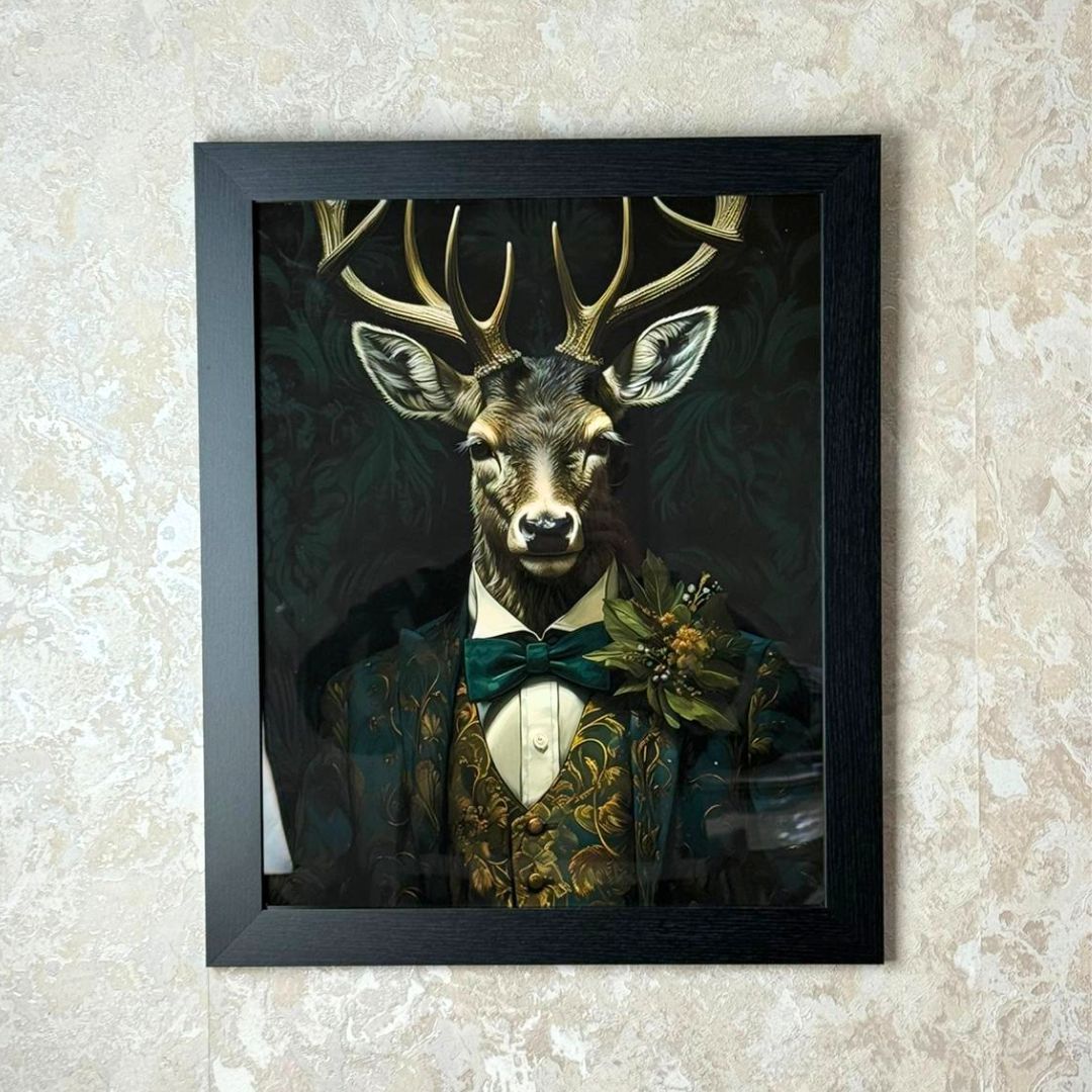 Suited Stag Wall Art with Black Frame