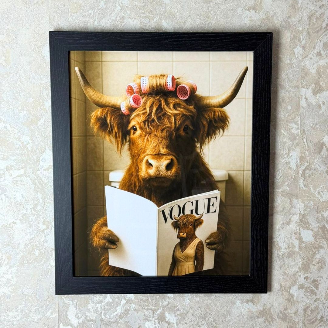Lavatory Highland Cow Wall Art with Black Frame