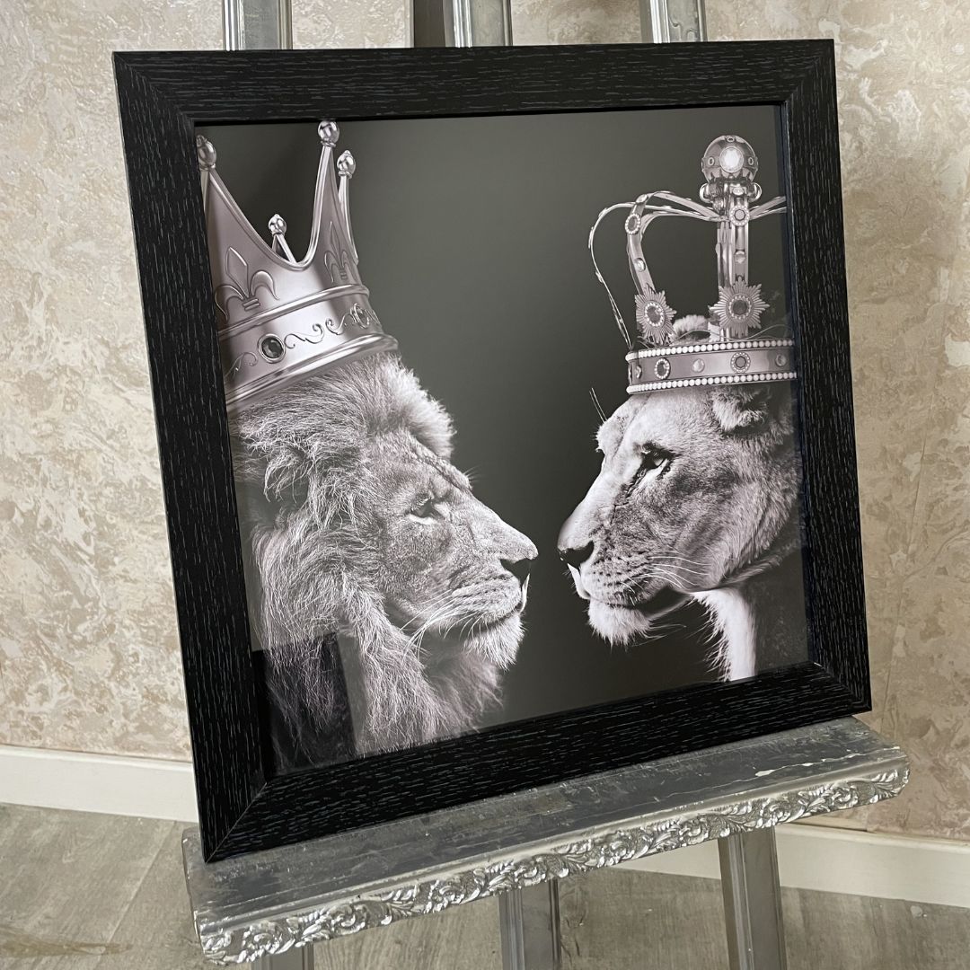 King & Queen Lions with Silver Crowns Artwork with Black Frame