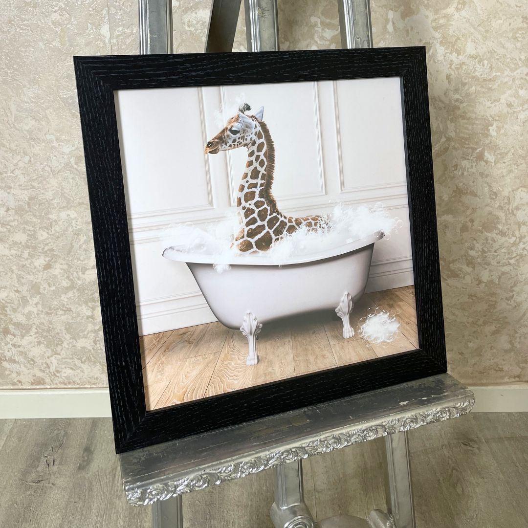 Giraffe in the Tub Wall Art with Black Frame