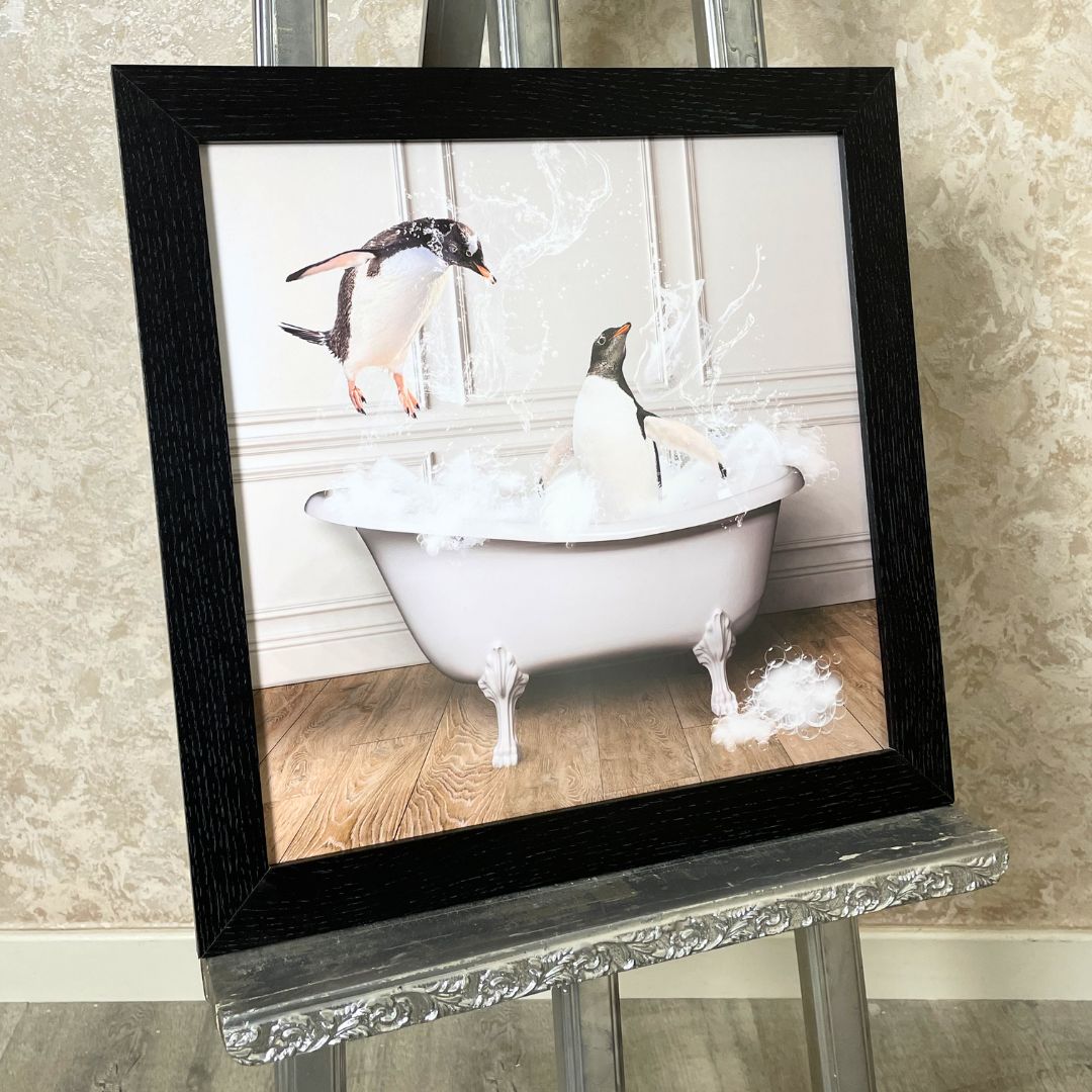 Penguins in the Tub Wall Art with Black Frame