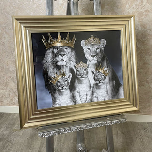 Lion Royal Family Wall Art with Champagne Gold Frame