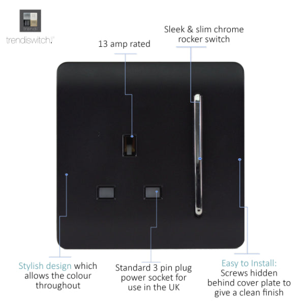 Trendi Switch 1 Gang Single Socket In Matt Black