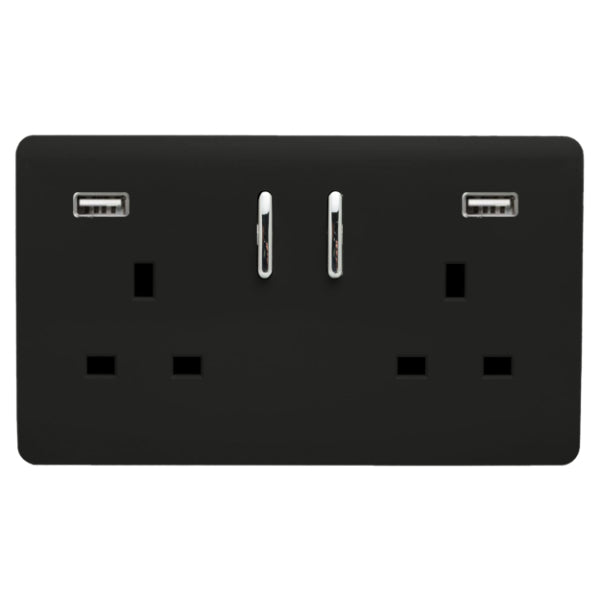 Trendi Switch 2 Gang Double Socket With USB Port In Matt Black