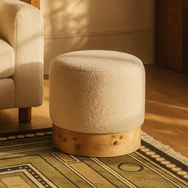 Mota Cream Boucle and Burl Wood Round Stool