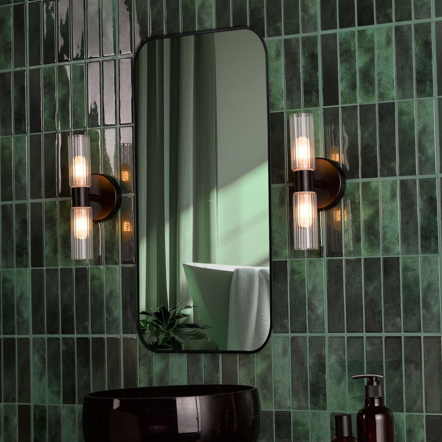 Hannah 2 Light Matte Black & Glass IP44 Wall Light