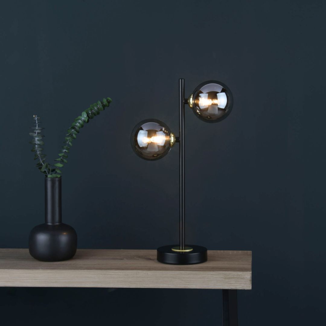 Eaen 2 Light Black and Gold Table Lamp with Smoked Glass