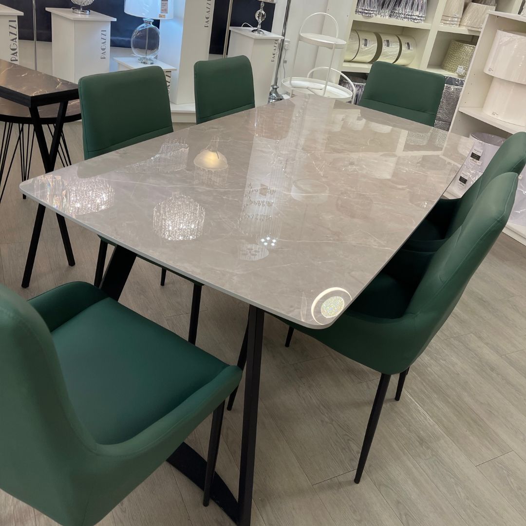 Indigo 1.8m Grey Dining Set with 6 Green Chairs