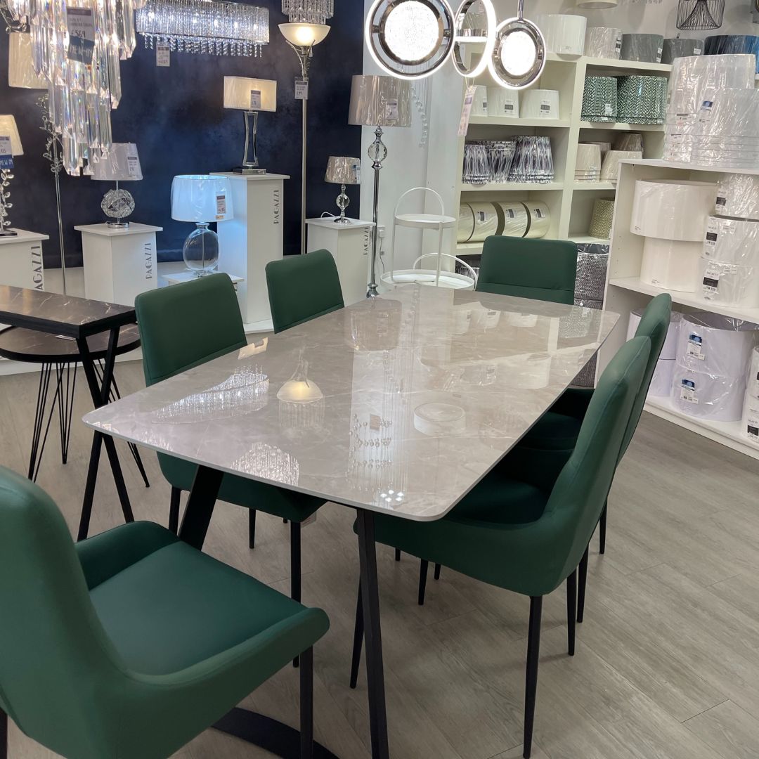 Indigo 1.8m Grey Dining Set with 6 Green Chairs