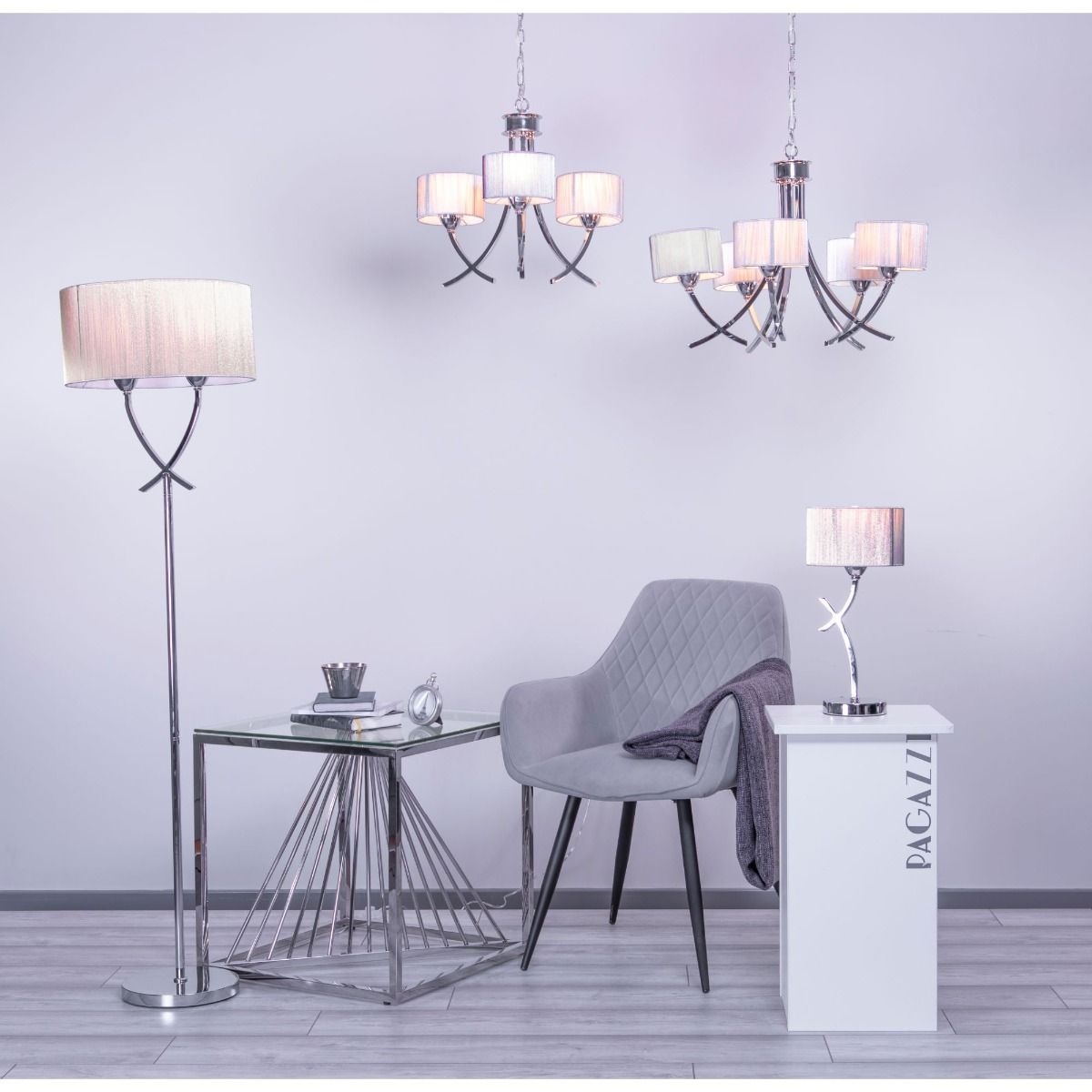 Justina 2 Light Polished Chrome Floor Lamp with Silver Thread Shade