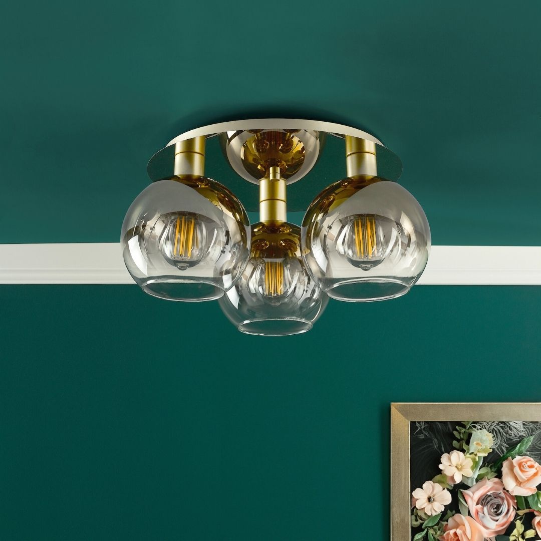 Lycia 3 Light Gold & Ombre Glass Flush Ceiling Light