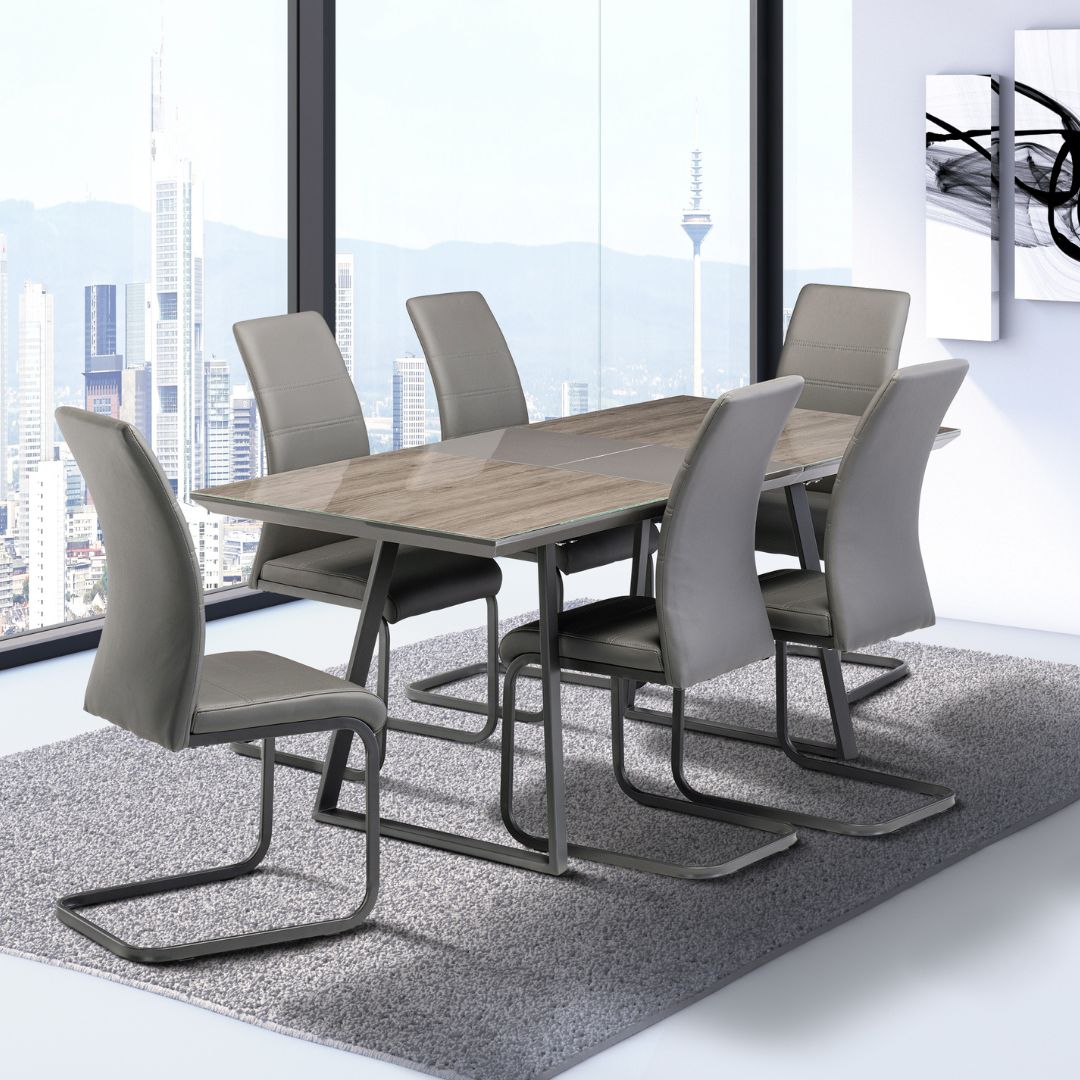 Michigan Extendable 1.4M to 1.8M Gloosy Wooden Table with 6 Grey Chairs Dining Set
