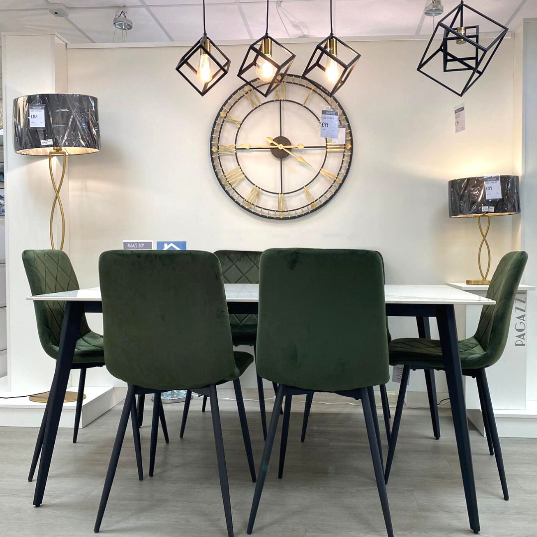 Lourdes 1.6M White and Black Table with 6 Green Chairs Dining Set