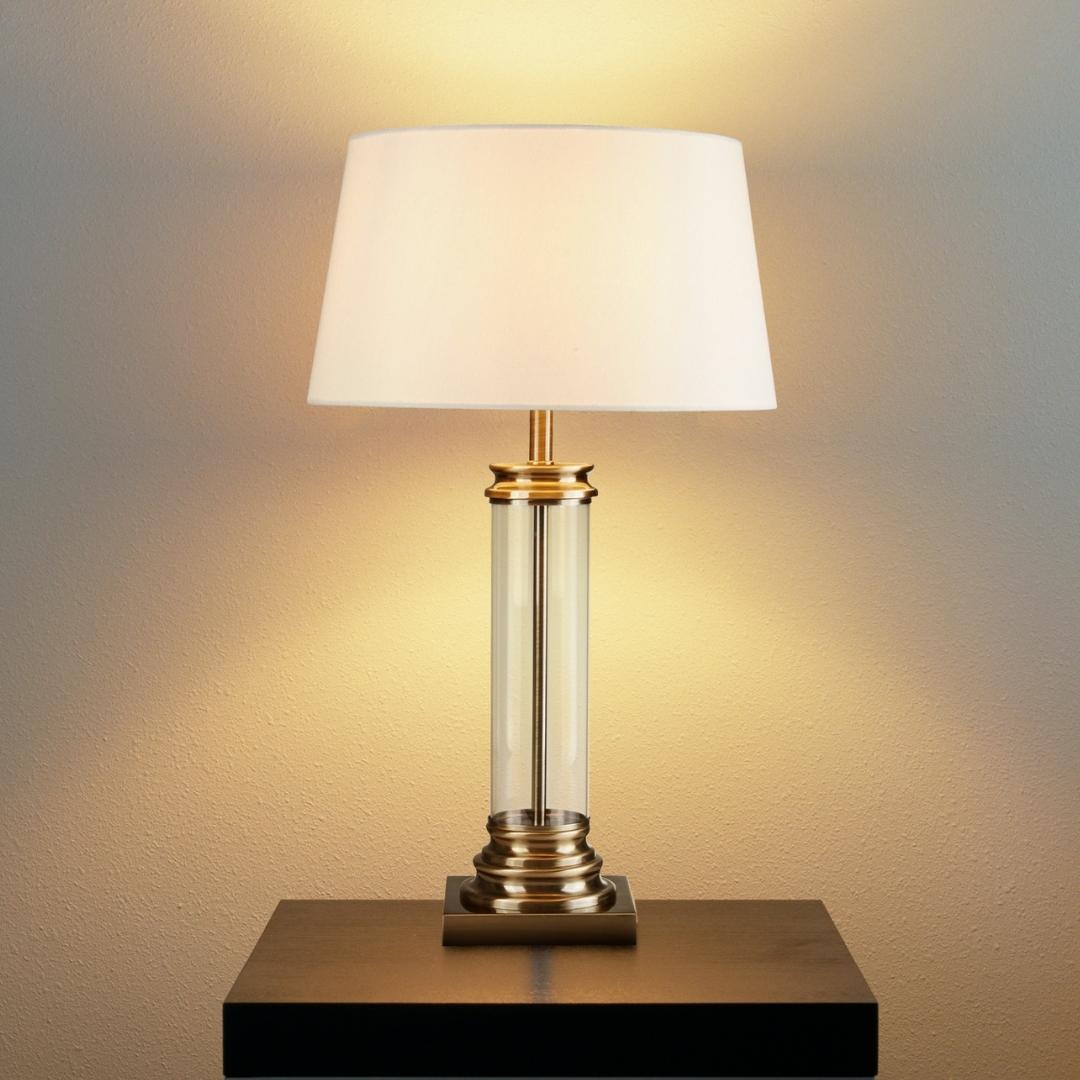 Pedestal Antique Brass & Glass Table Lamp with Cream Shade