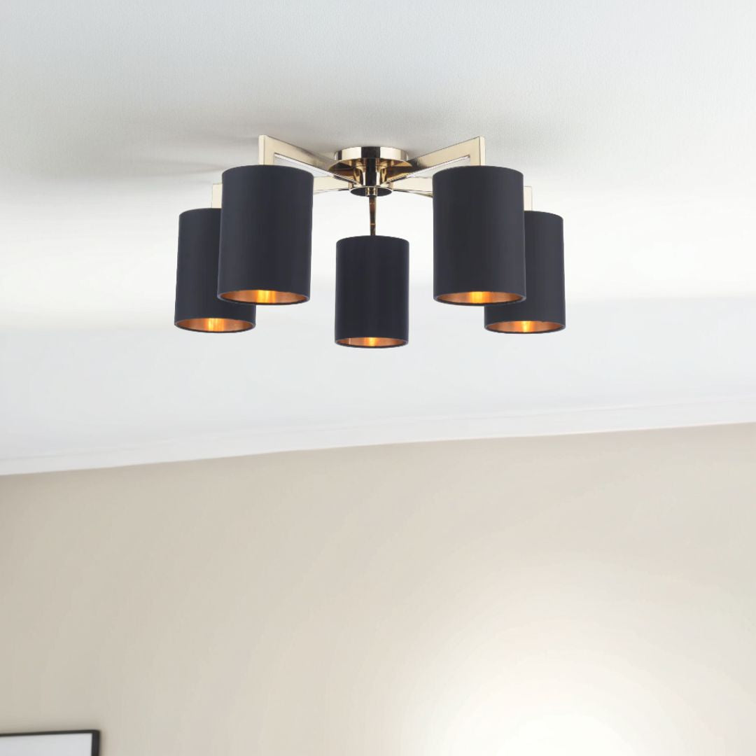 Olive 5 Light Gold & Black Semi-Flush Ceiling Light