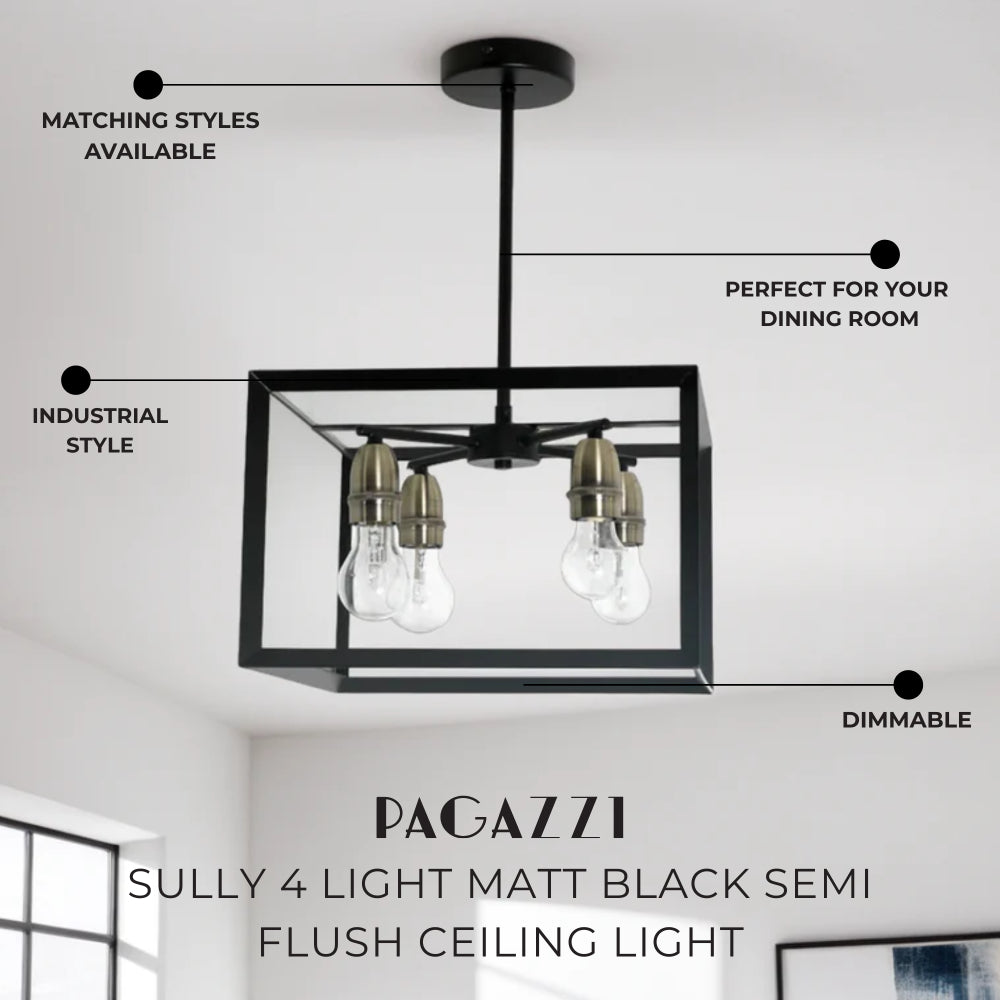 Sully 4 Light Matt Black Semi Flush Ceiling Light
