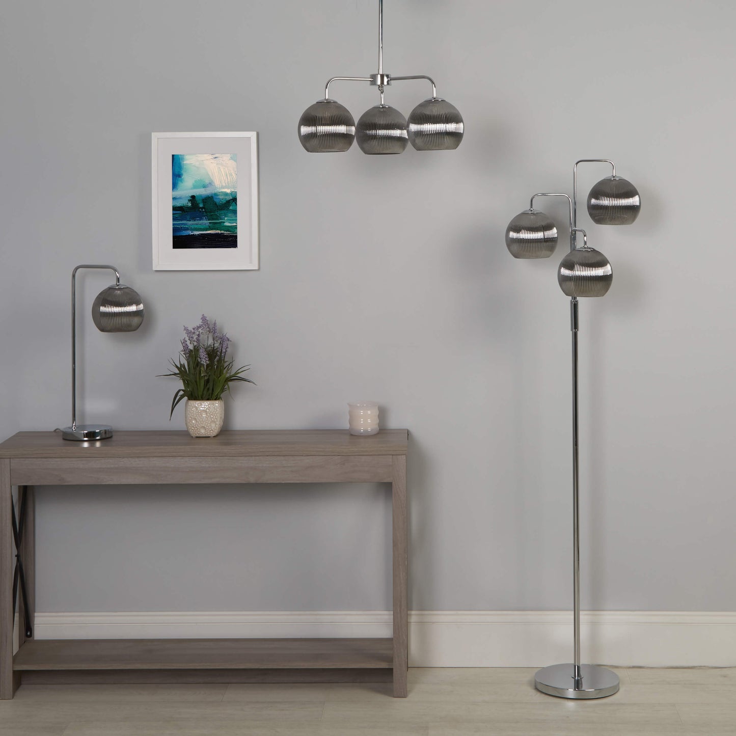 Hamblin 3 Light Chrome and Smoked Glass Floor Lamp