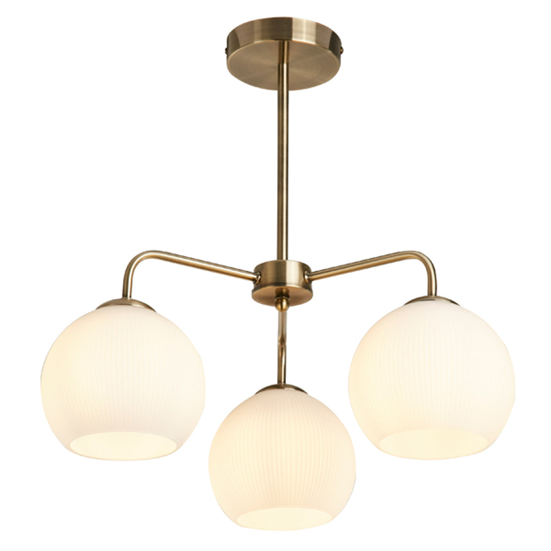 Hamblin 3 Light Antique Brass and Opal Glass Semi-Flush Ceiling Light