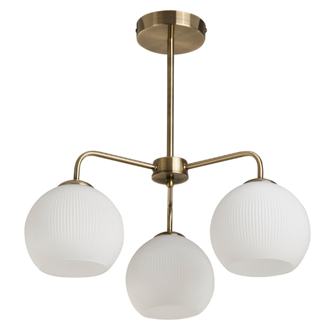 Hamblin 3 Light Antique Brass and Opal Glass Semi-Flush Ceiling Light