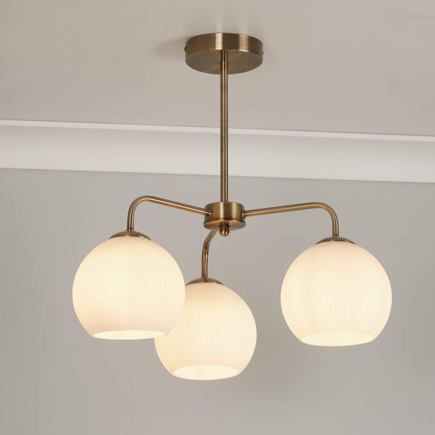 Hamblin 3 Light Antique Brass and Opal Glass Semi-Flush Ceiling Light