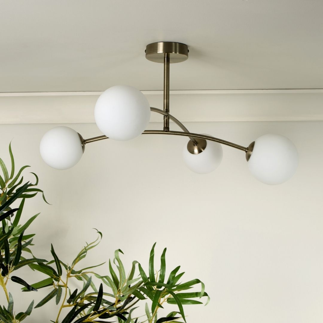 Ellison 4 Light Antique Brass & Frosted Glass Flush Ceiling Light