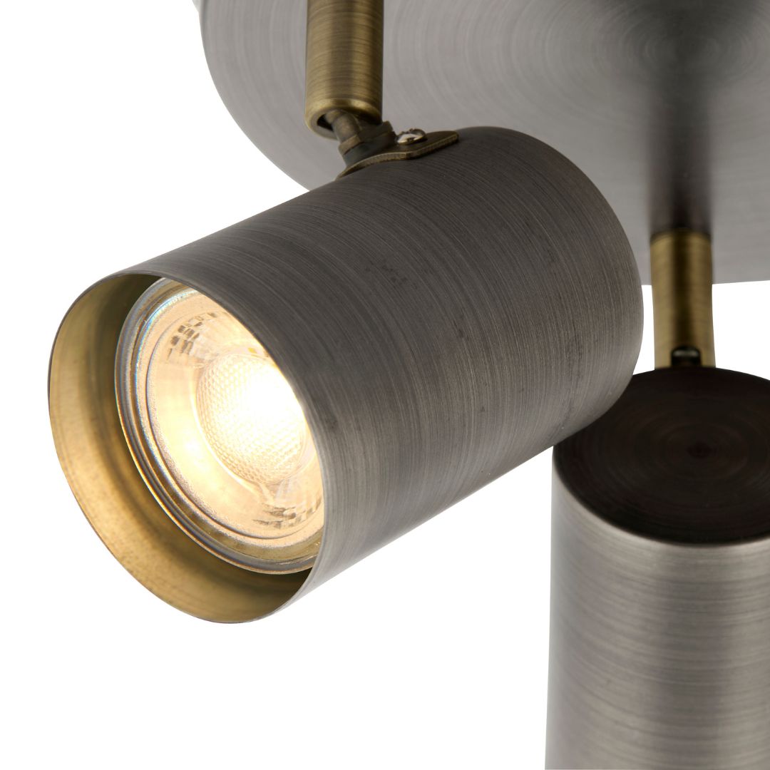 Hereford 3 Light Pewter & Antique Brass Spotlight Flush Ceiling Light
