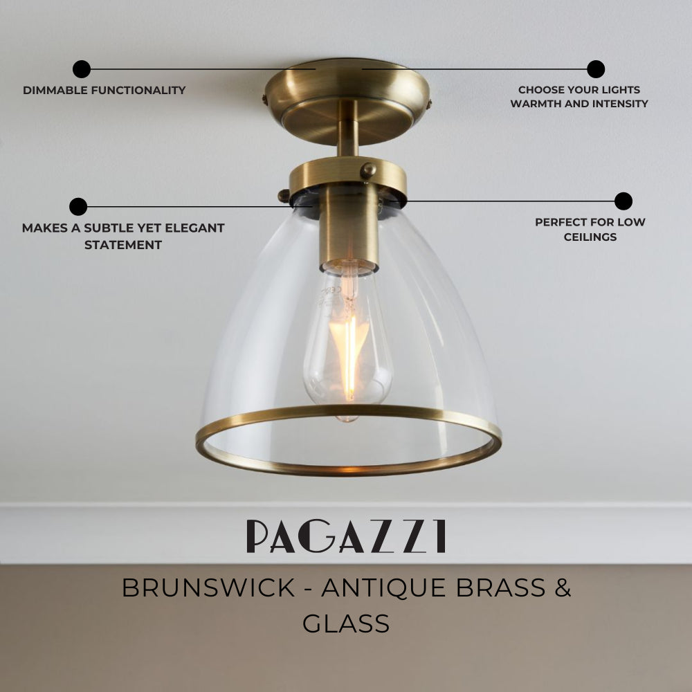 Brunswick Antique Brass & Glass Flush Ceiling Light