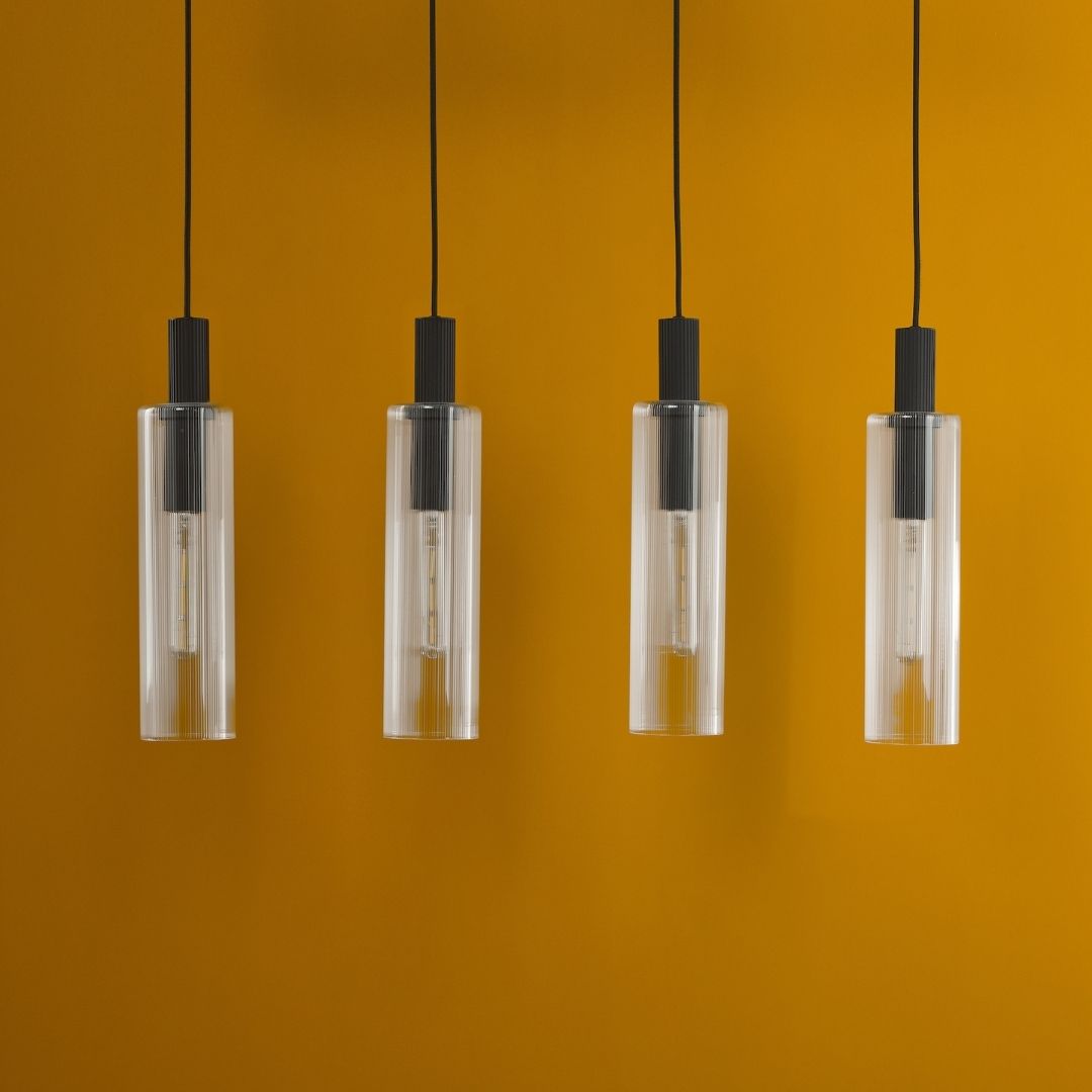 Ruben 4 Light Satin Black and Ribbed Glass Ceiling Pendant Bar