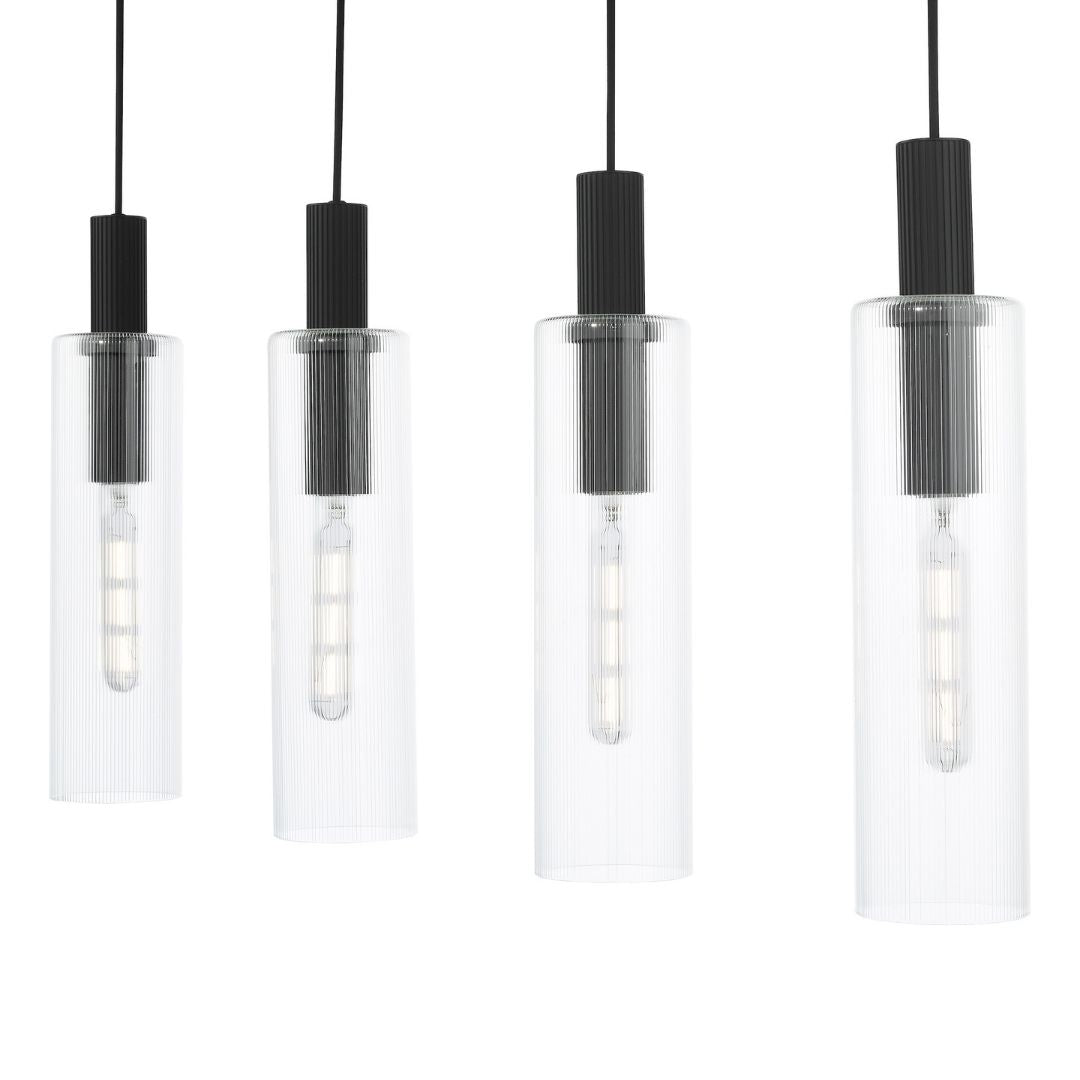 Ruben 4 Light Satin Black and Ribbed Glass Ceiling Pendant Bar
