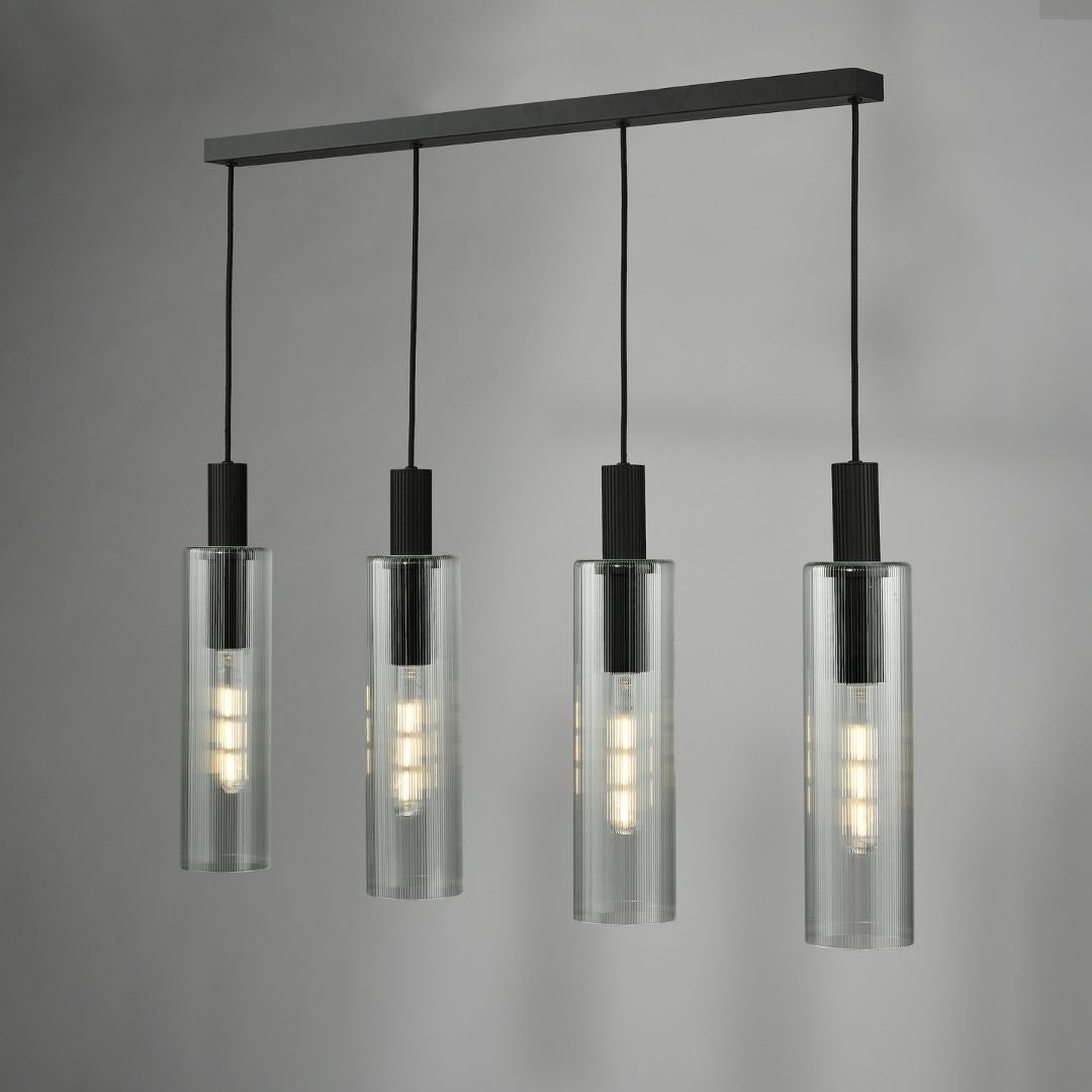 Ruben 4 Light Satin Black and Ribbed Glass Ceiling Pendant Bar