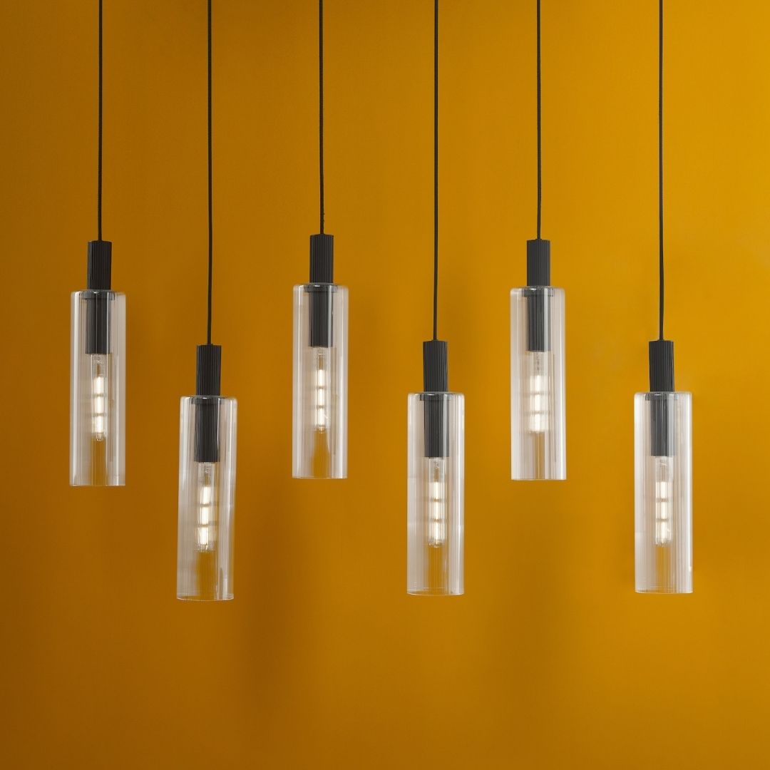 Ruben 6 Light Satin Black and Ribbed Glass Pendant Ceiling Bar