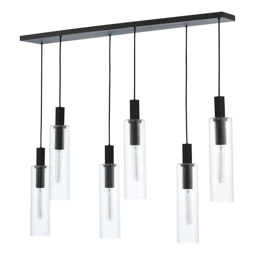 Ruben 6 Light Satin Black and Ribbed Glass Pendant Ceiling Bar