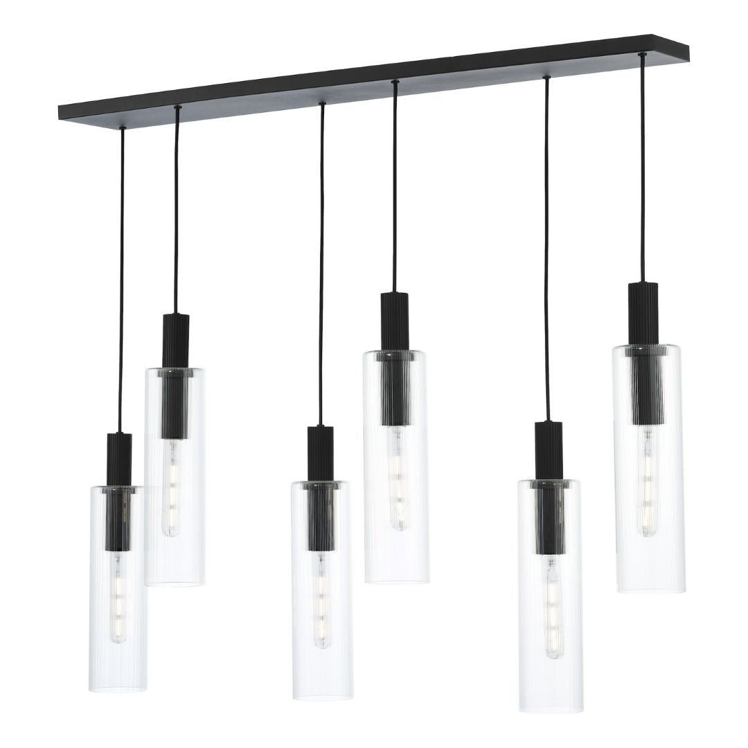 Ruben 6 Light Satin Black and Ribbed Glass Pendant Ceiling Bar