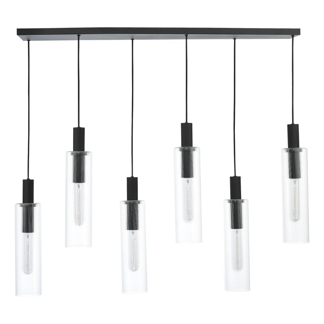 Ruben 6 Light Satin Black and Ribbed Glass Pendant Ceiling Bar