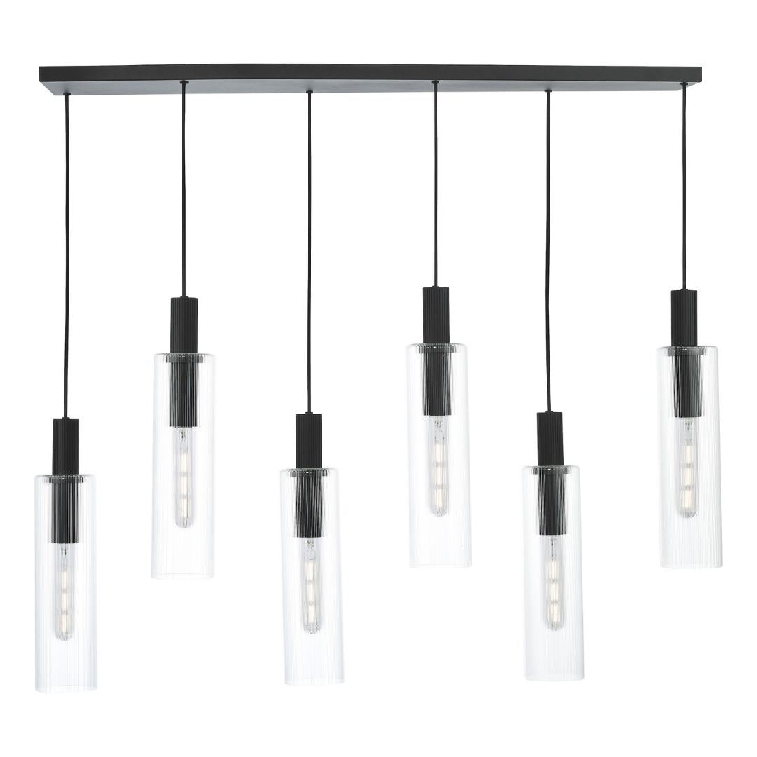 Ruben 6 Light Satin Black and Ribbed Glass Pendant Ceiling Bar