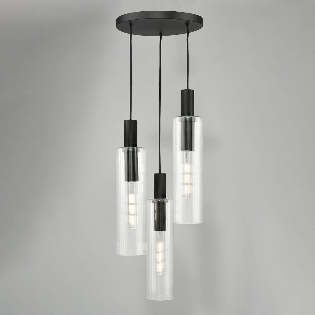 Ruben 3 Light Satin Black and Ribbed Glass Cluster Pendant Ceiling Light